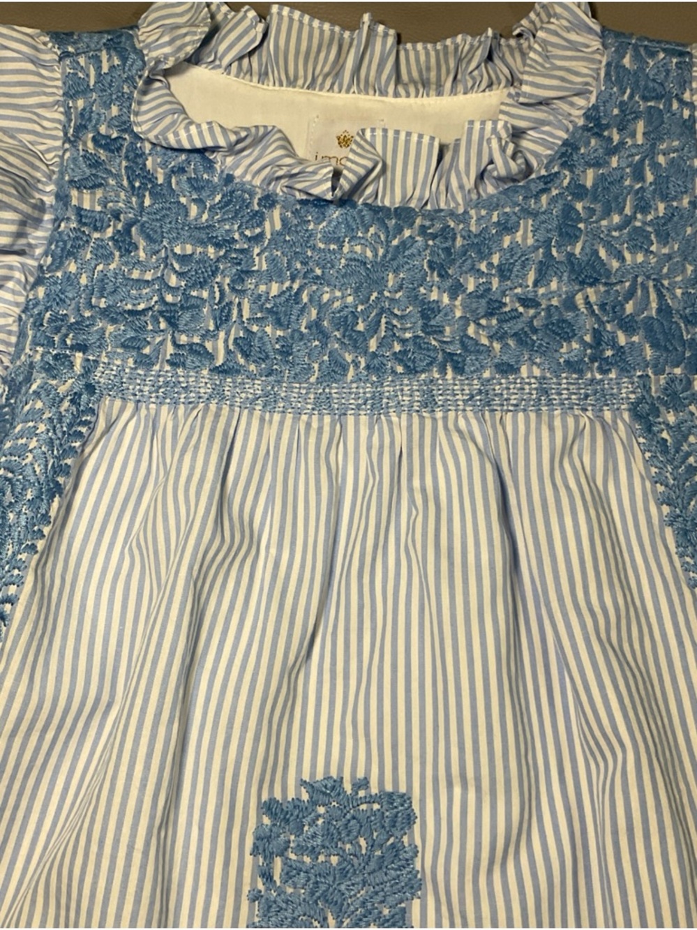 Light Blue Striped Ruffle Sleeve Blouse with Crochet Trim - Picture 3 of 7